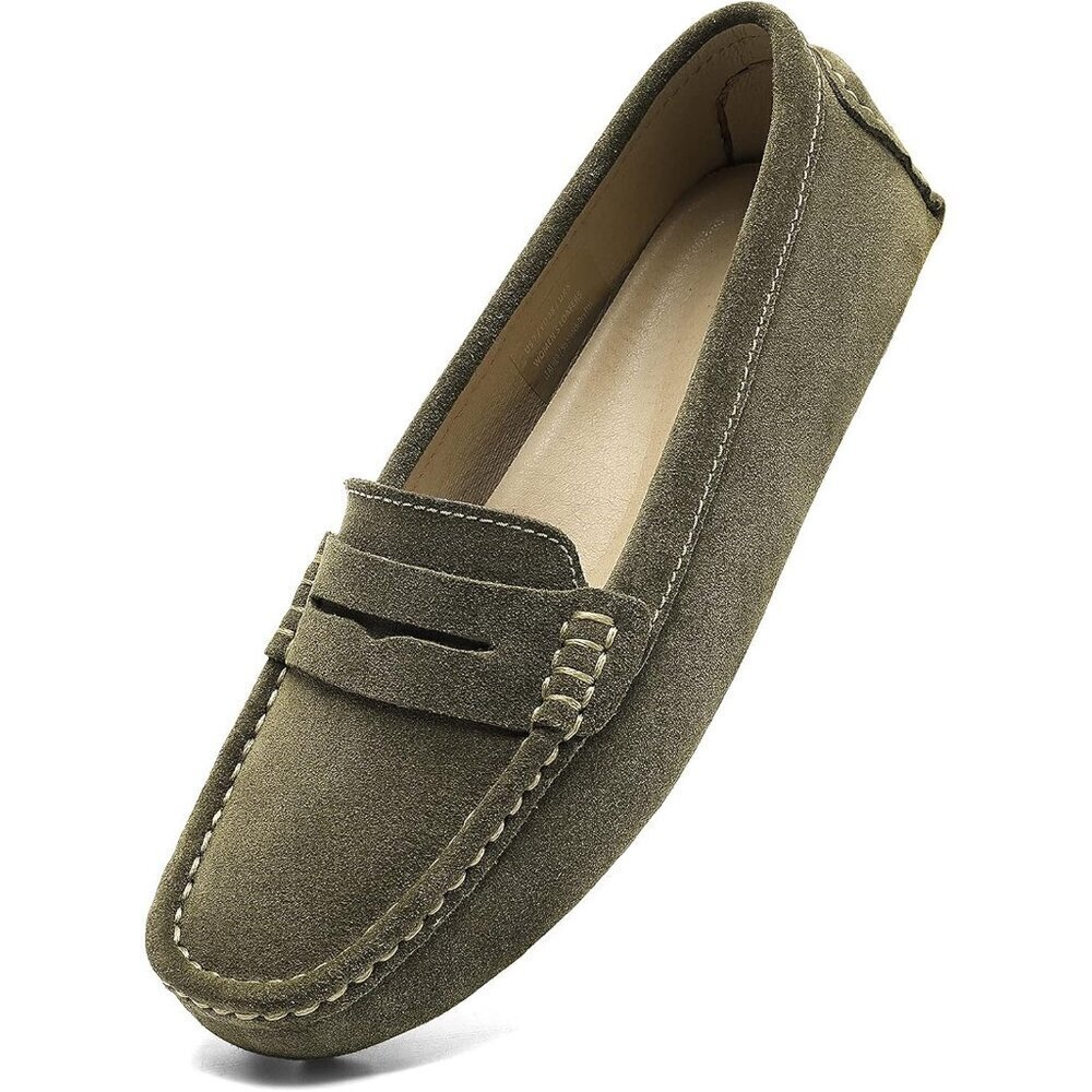 Women's Olive Suede Leather Slip-On Fashion Retro Casual Penny Loafers Shoes